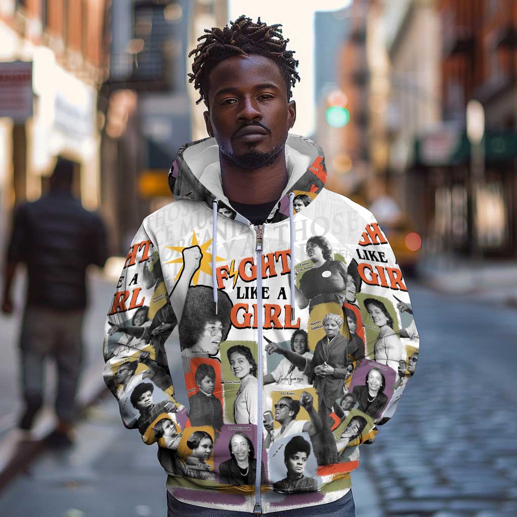 Black History Fight Like A Girl Zip Hoodie African Feminist Icons and Bold Retro Art Style - African Pride