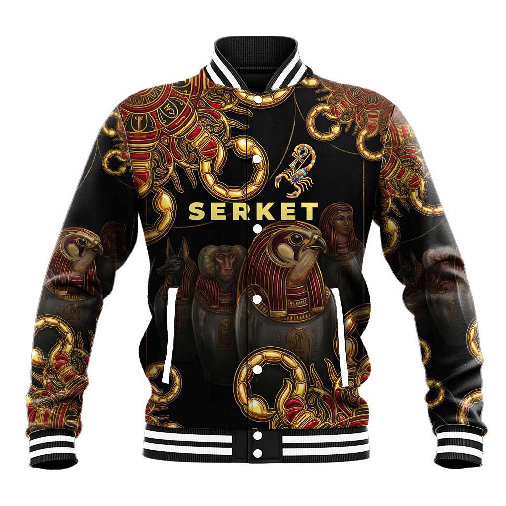 Serket Ancient Egyptian Baseball Jacket with Canopic Jars and Scorpion Motif in Protection