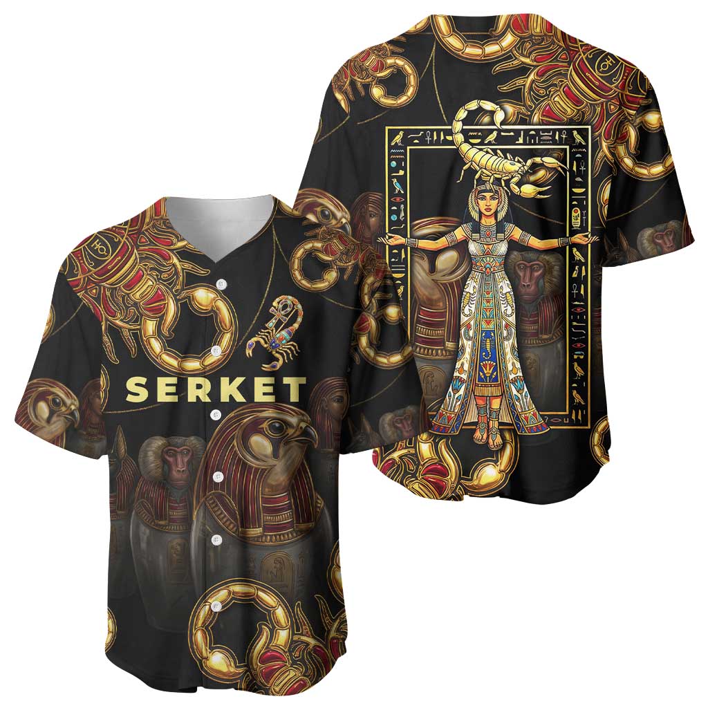 Serket Ancient Egyptian Baseball Jersey with Canopic Jars and Scorpion Motif in Protection