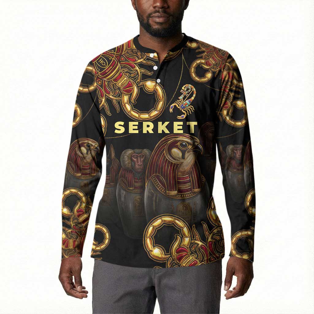 Serket Ancient Egyptian Button Sweatshirt with Canopic Jars and Scorpion Motif in Protection
