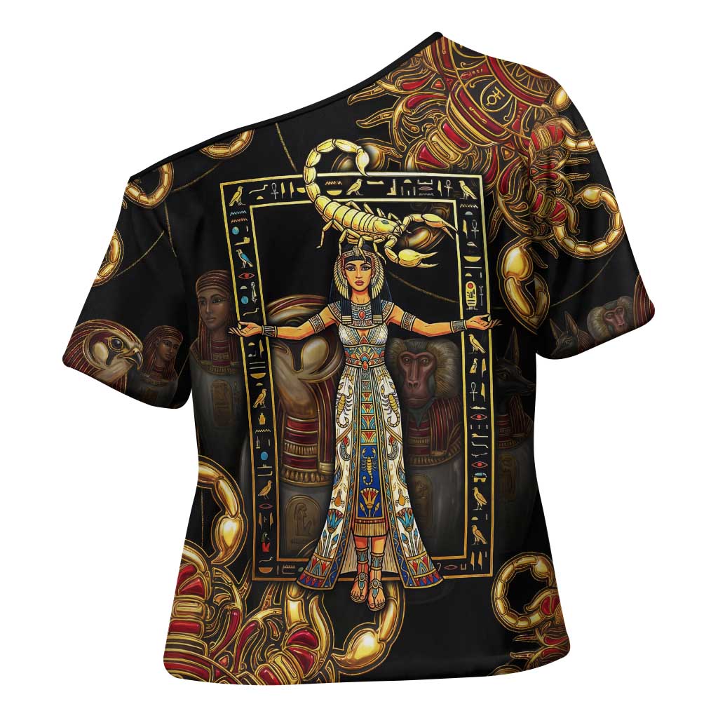 Serket Ancient Egyptian Cross Shoulder Shirt with Canopic Jars and Scorpion Motif in Protection