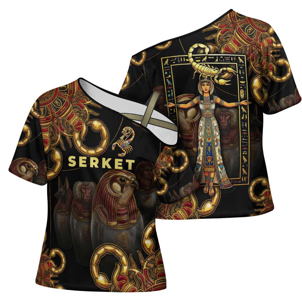 Serket Ancient Egyptian Cross Shoulder Shirt with Canopic Jars and Scorpion Motif in Protection