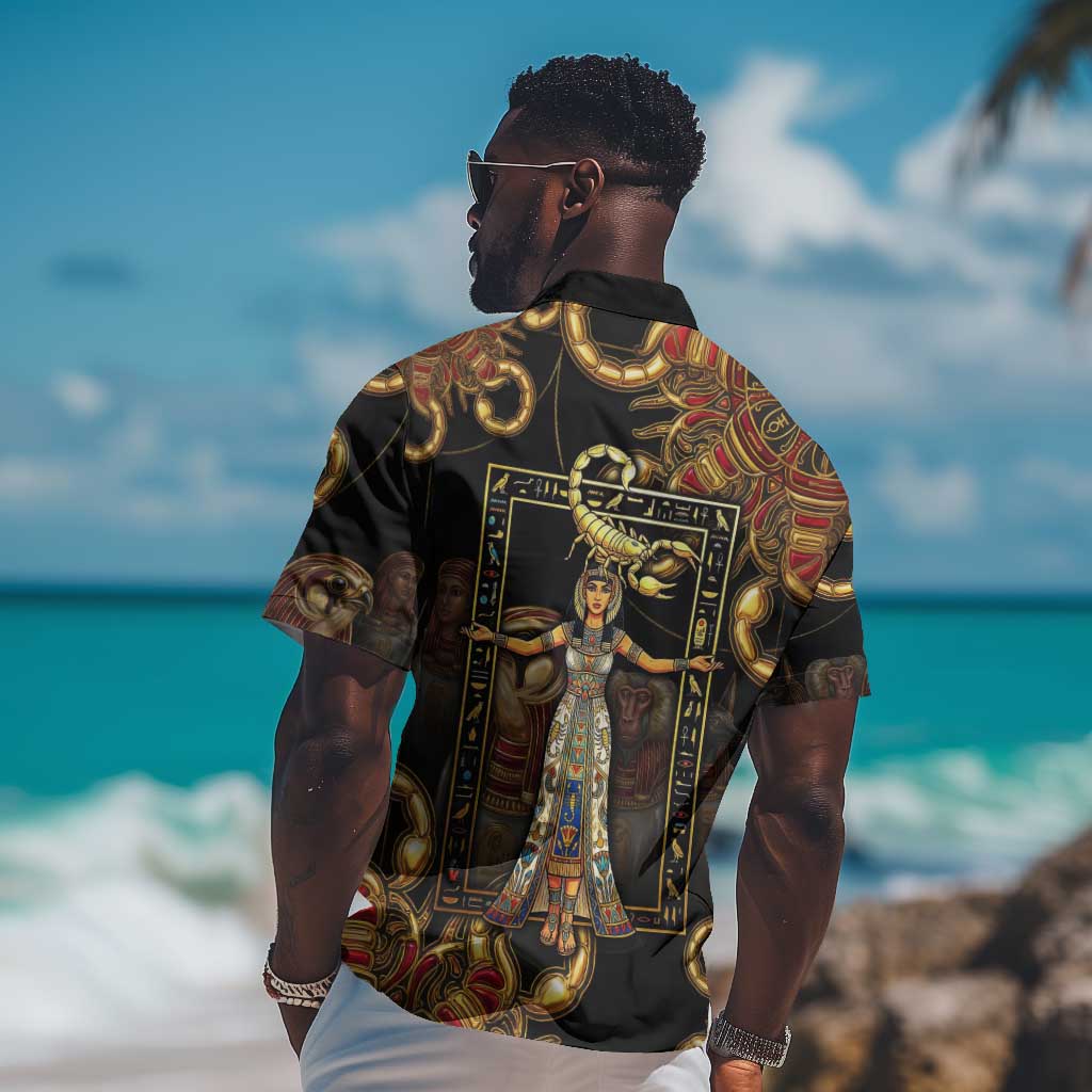 Serket Ancient Egyptian Hawaiian Shirt with Canopic Jars and Scorpion Motif in Protection