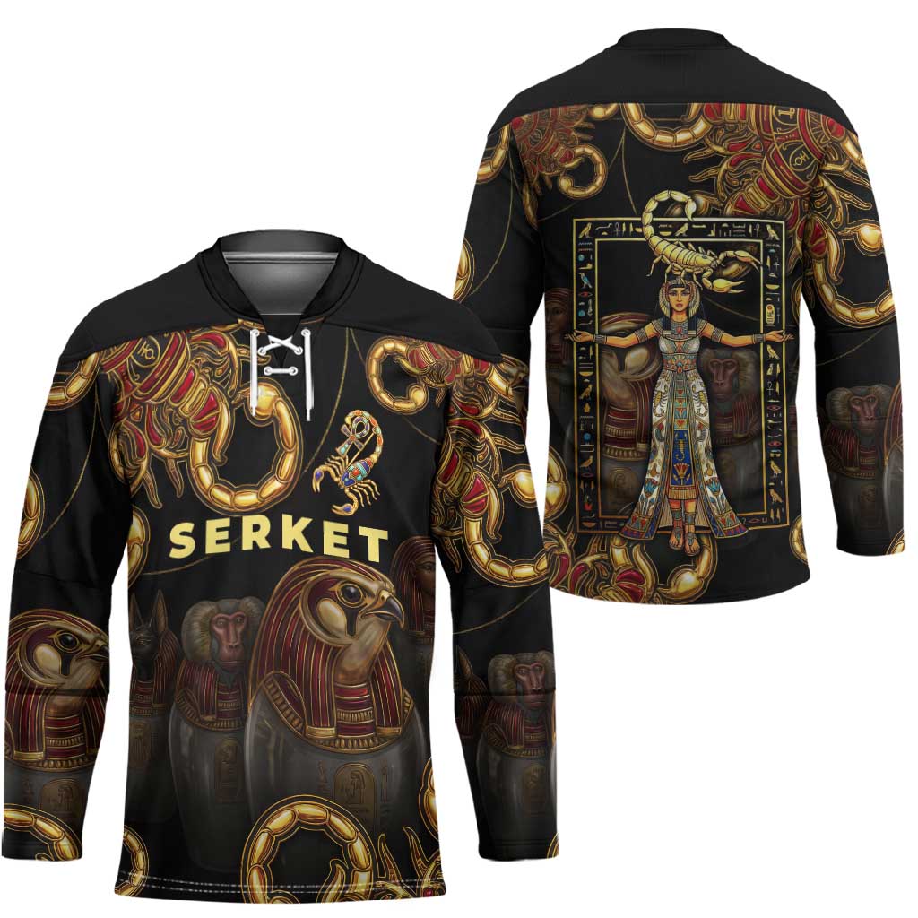 Serket Ancient Egyptian Hockey Jersey with Canopic Jars and Scorpion Motif in Protection