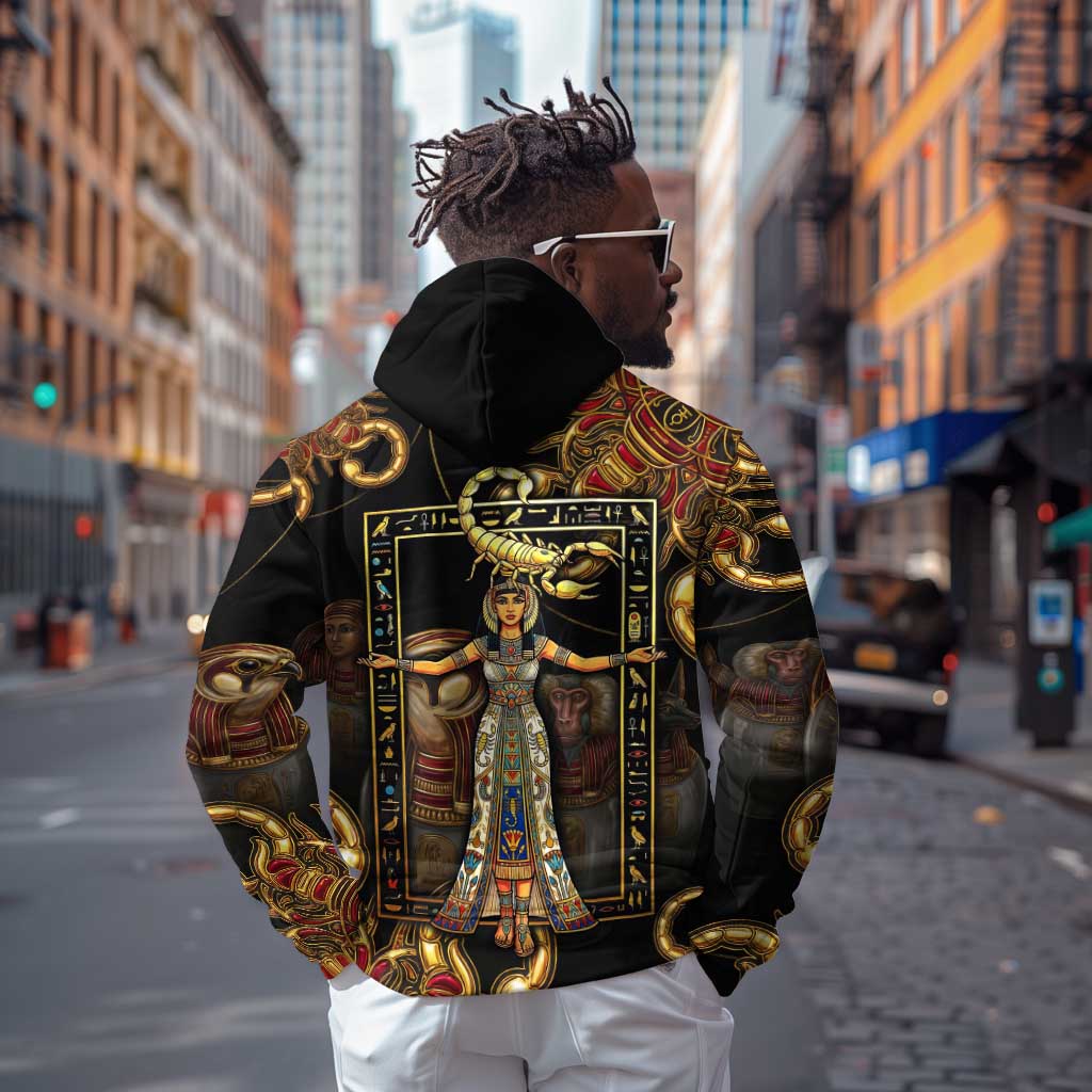 Serket Ancient Egyptian Hoodie with Canopic Jars and Scorpion Motif in Protection