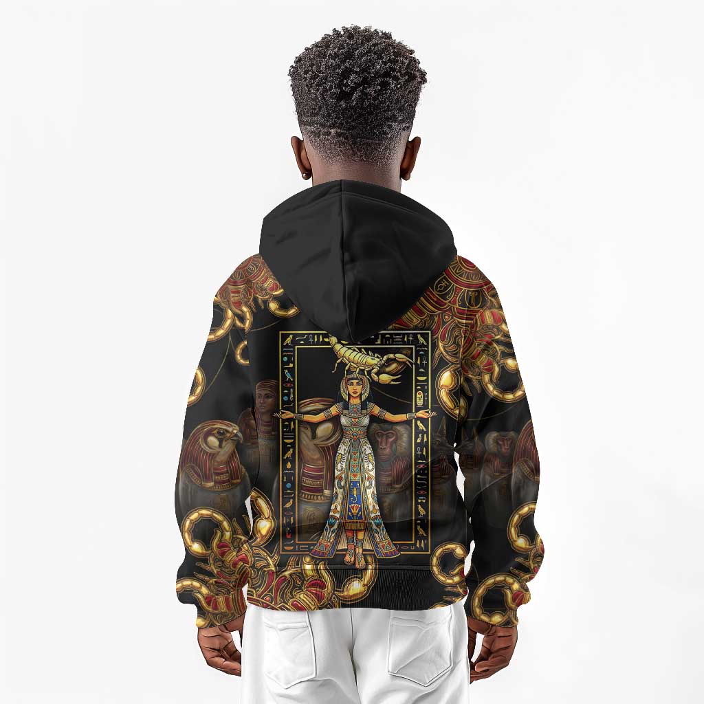 Serket Ancient Egyptian Kid Hoodie with Canopic Jars and Scorpion Motif in Protection