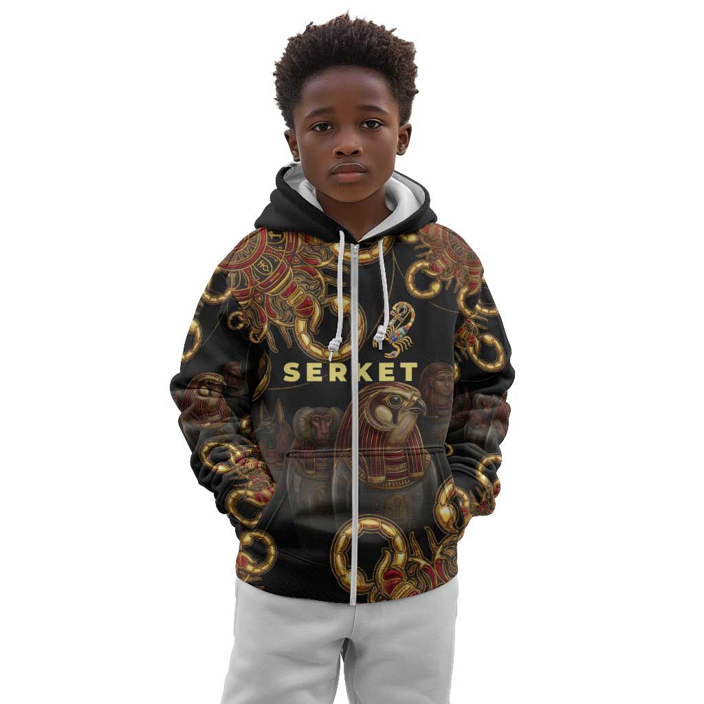 Serket Ancient Egyptian Kid Hoodie with Canopic Jars and Scorpion Motif in Protection