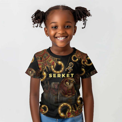Serket Ancient Egyptian Kid T shirt with Canopic Jars and Scorpion Motif in Protection