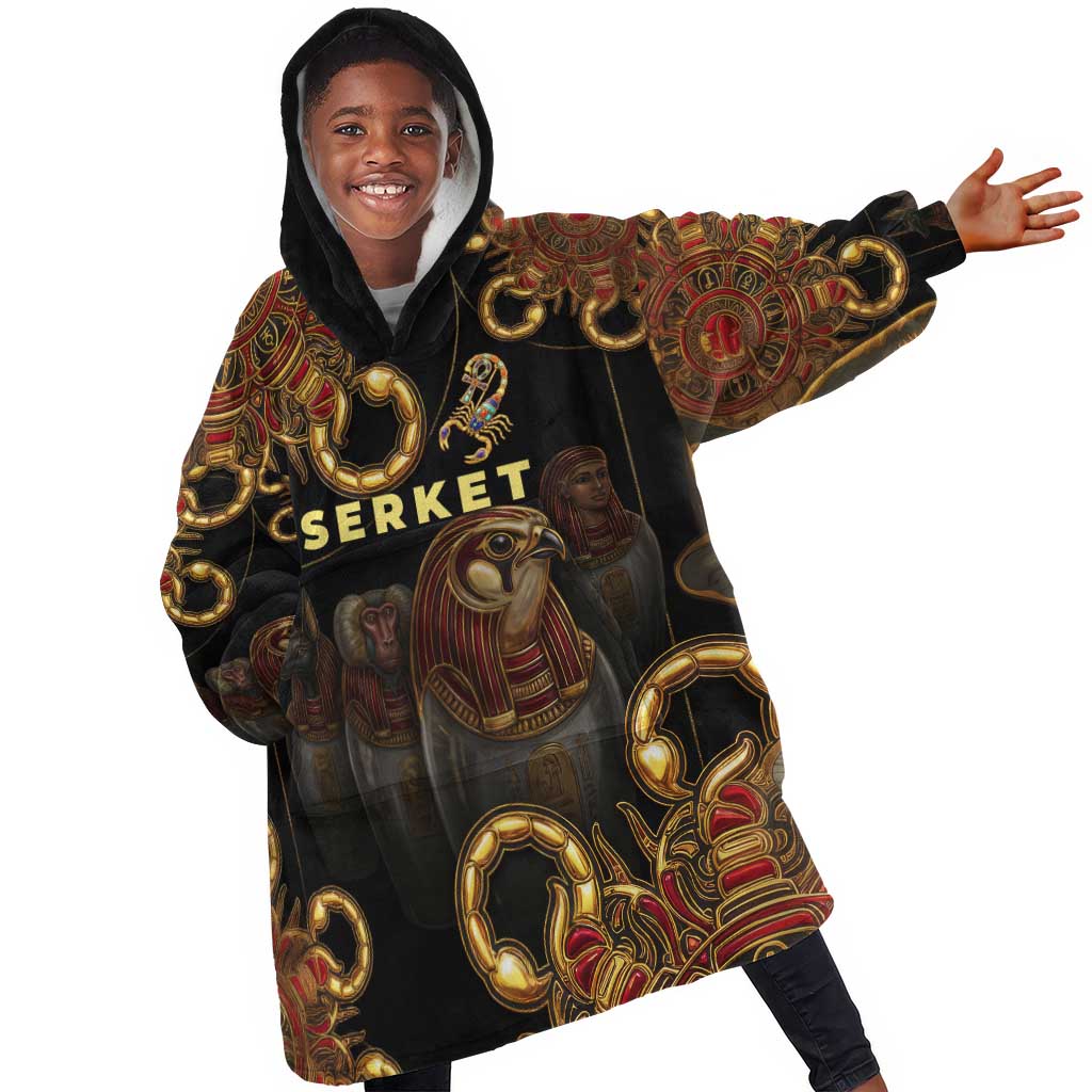 Serket Ancient Egyptian Kid Wearable Blanket Hoodie with Canopic Jars and Scorpion Motif in Protection