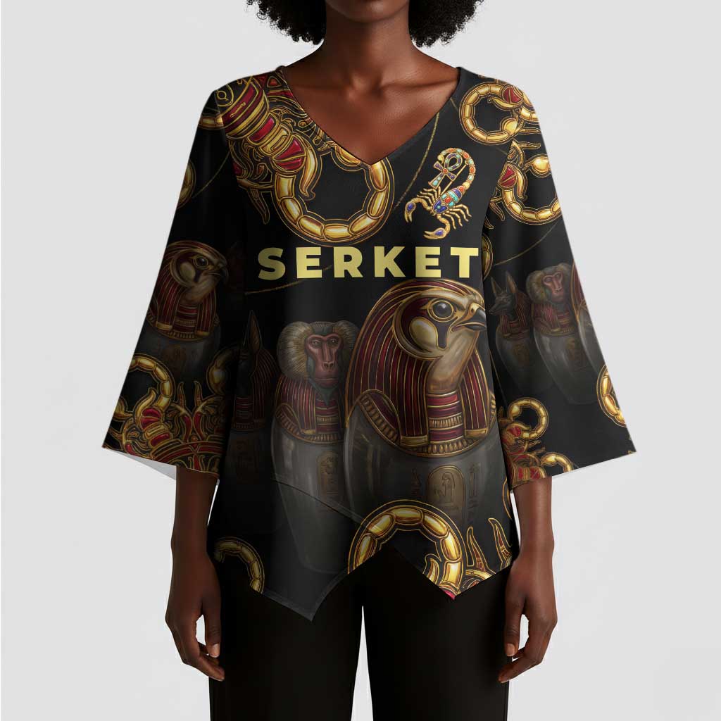 Serket Ancient Egyptian Kimono Sleeve Blouse with Canopic Jars and Scorpion Motif in Protection
