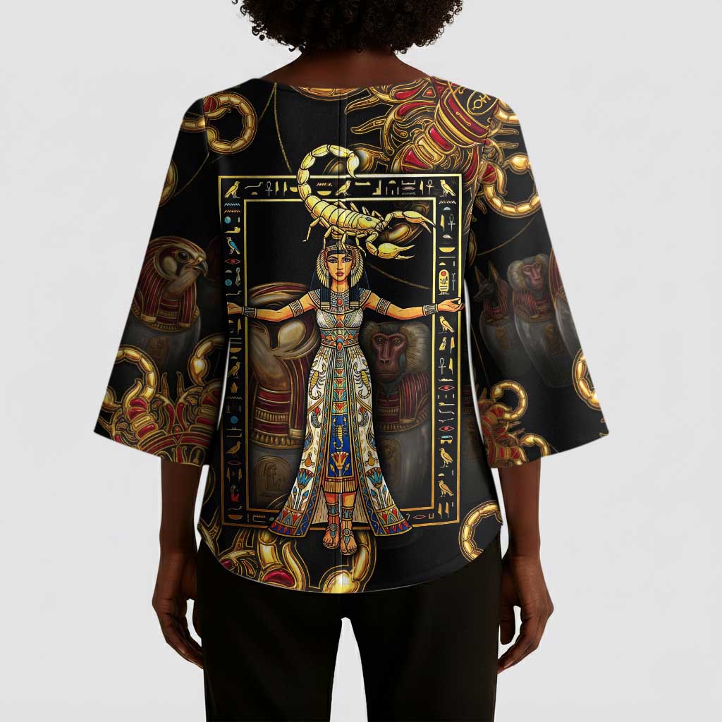 Serket Ancient Egyptian Kimono Sleeve Blouse with Canopic Jars and Scorpion Motif in Protection