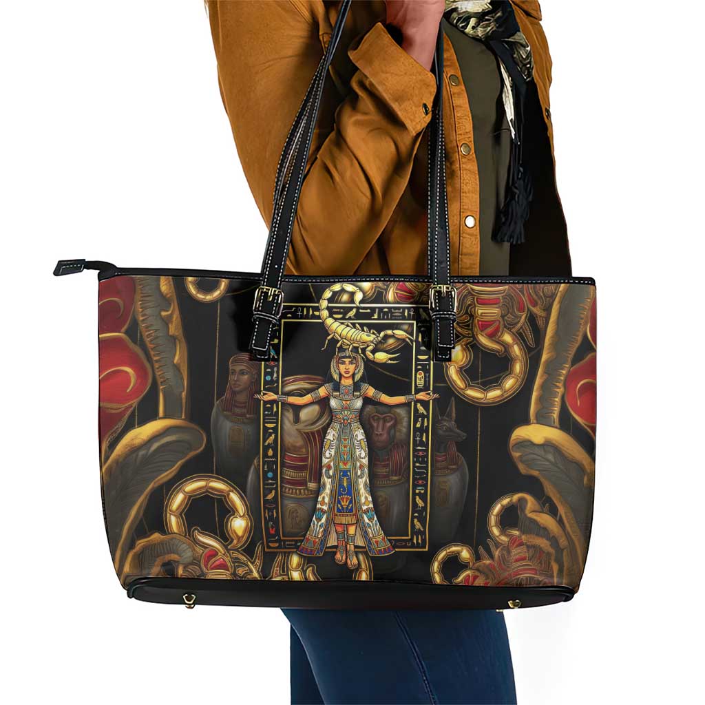 Serket Ancient Egyptian Leather Tote Bag with Canopic Jars and Scorpion Motif in Protection