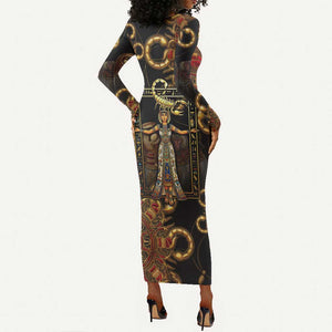 Serket Ancient Egyptian Long Sleeve Bodycon Dress with Canopic Jars and Scorpion Motif in Protection