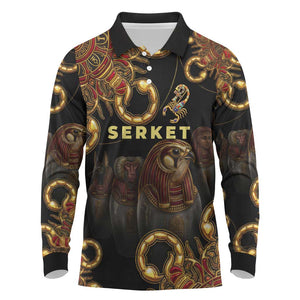 Serket Ancient Egyptian Long Sleeve Polo Shirt with Canopic Jars and Scorpion Motif in Protection