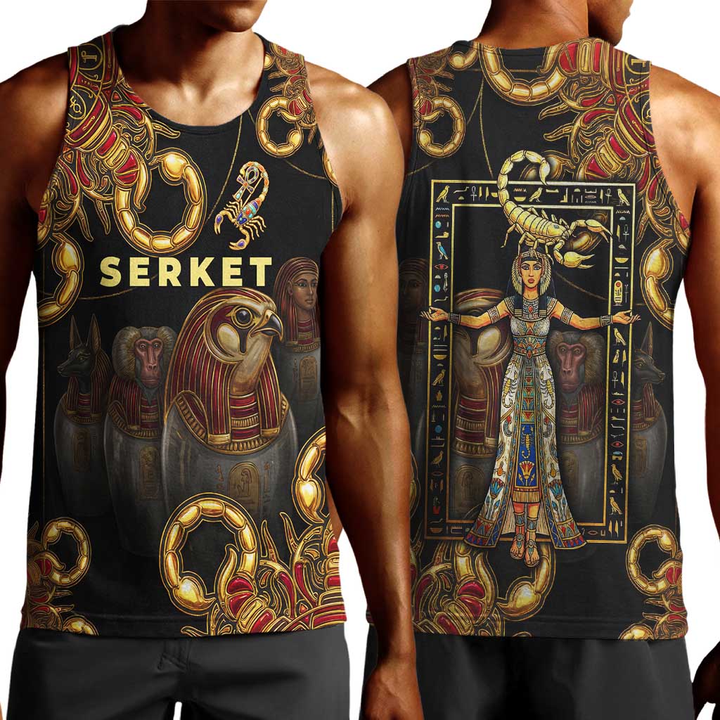 Serket Ancient Egyptian Men Tank Top with Canopic Jars and Scorpion Motif in Protection
