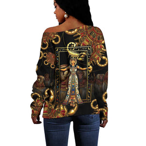 Serket Ancient Egyptian Off Shoulder Sweater with Canopic Jars and Scorpion Motif in Protection