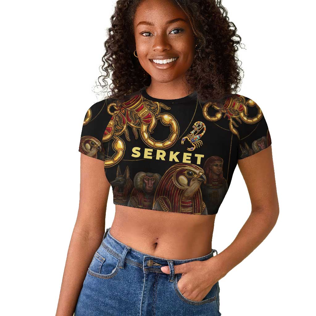 Serket Ancient Egyptian Raglan Cropped T shirt with Canopic Jars and Scorpion Motif in Protection