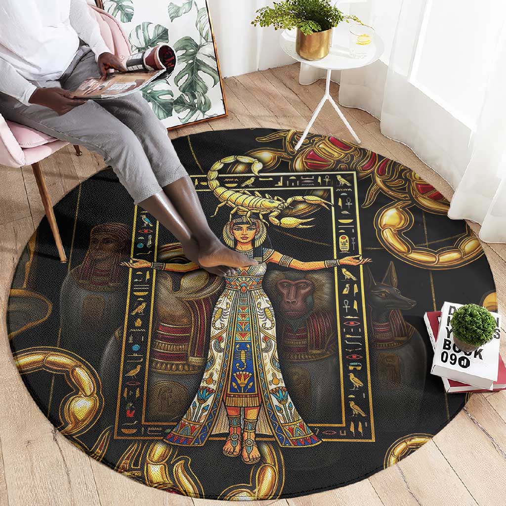 Serket Ancient Egyptian Round Carpet with Canopic Jars and Scorpion Motif in Protection