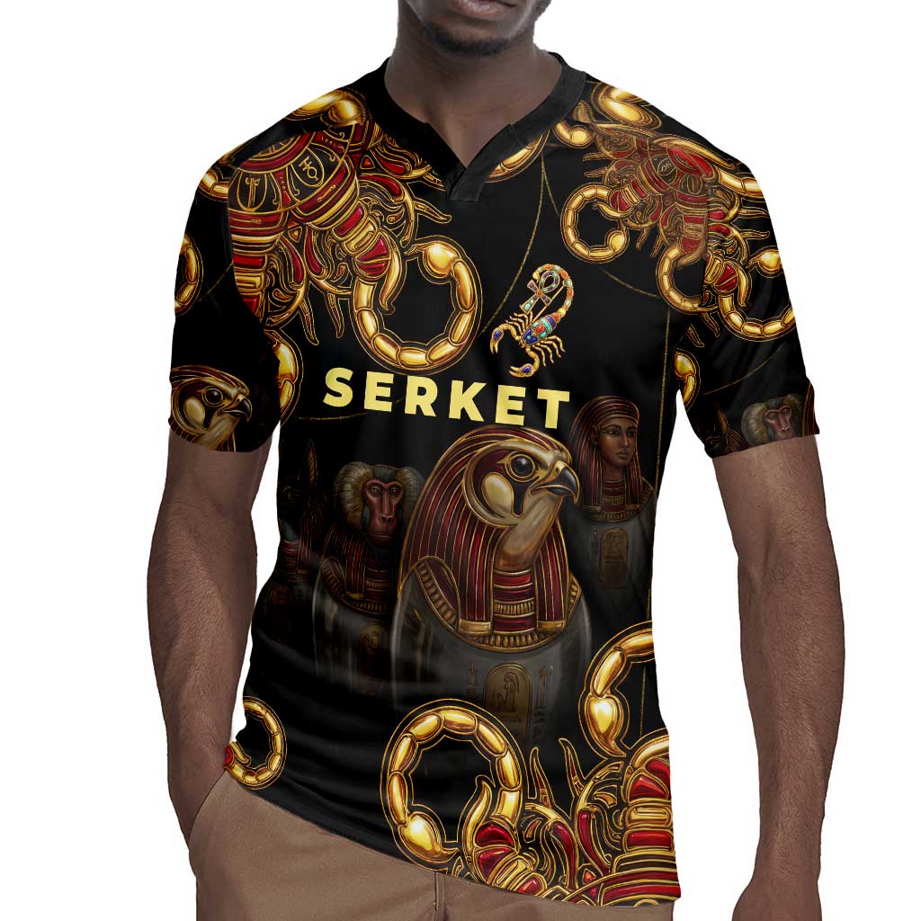 Serket Ancient Egyptian Rugby Jersey with Canopic Jars and Scorpion Motif in Protection