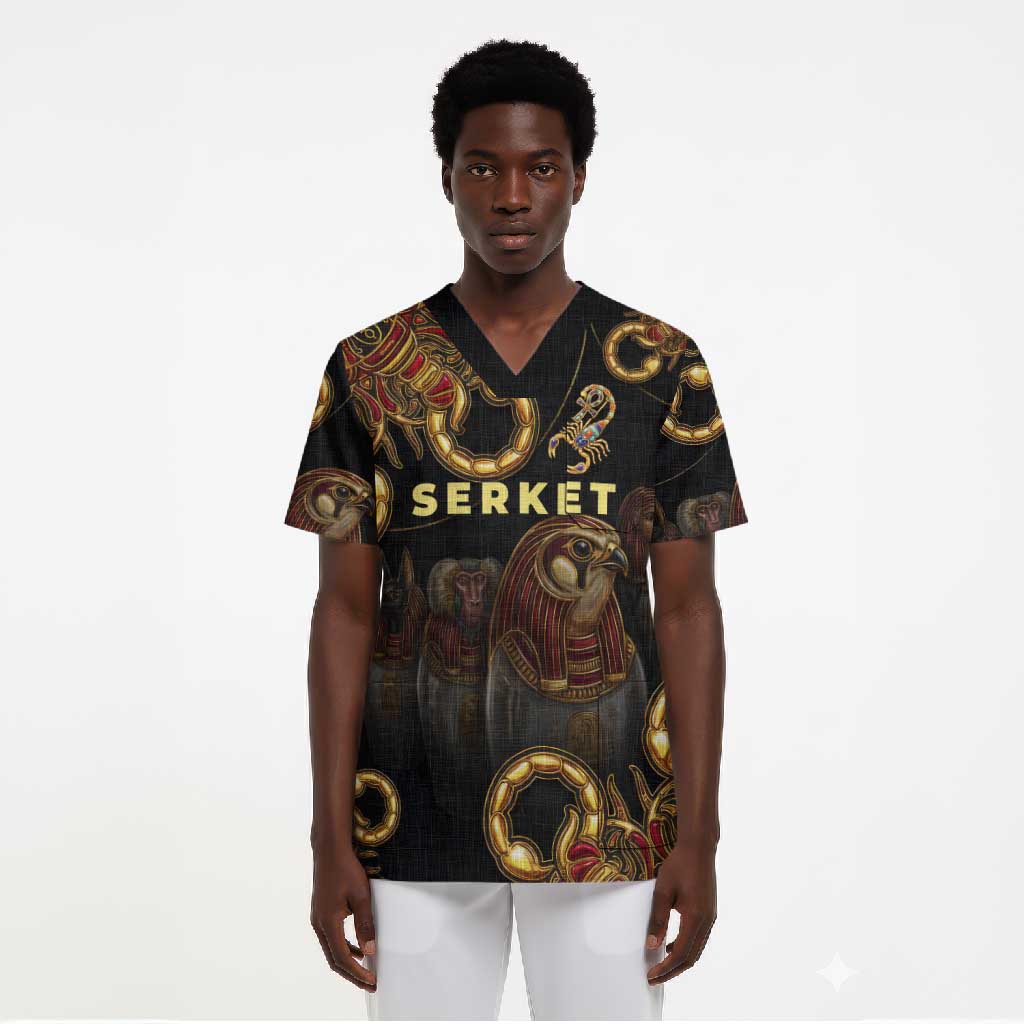 Serket Ancient Egyptian Scrub Top with Canopic Jars and Scorpion Motif in Protection
