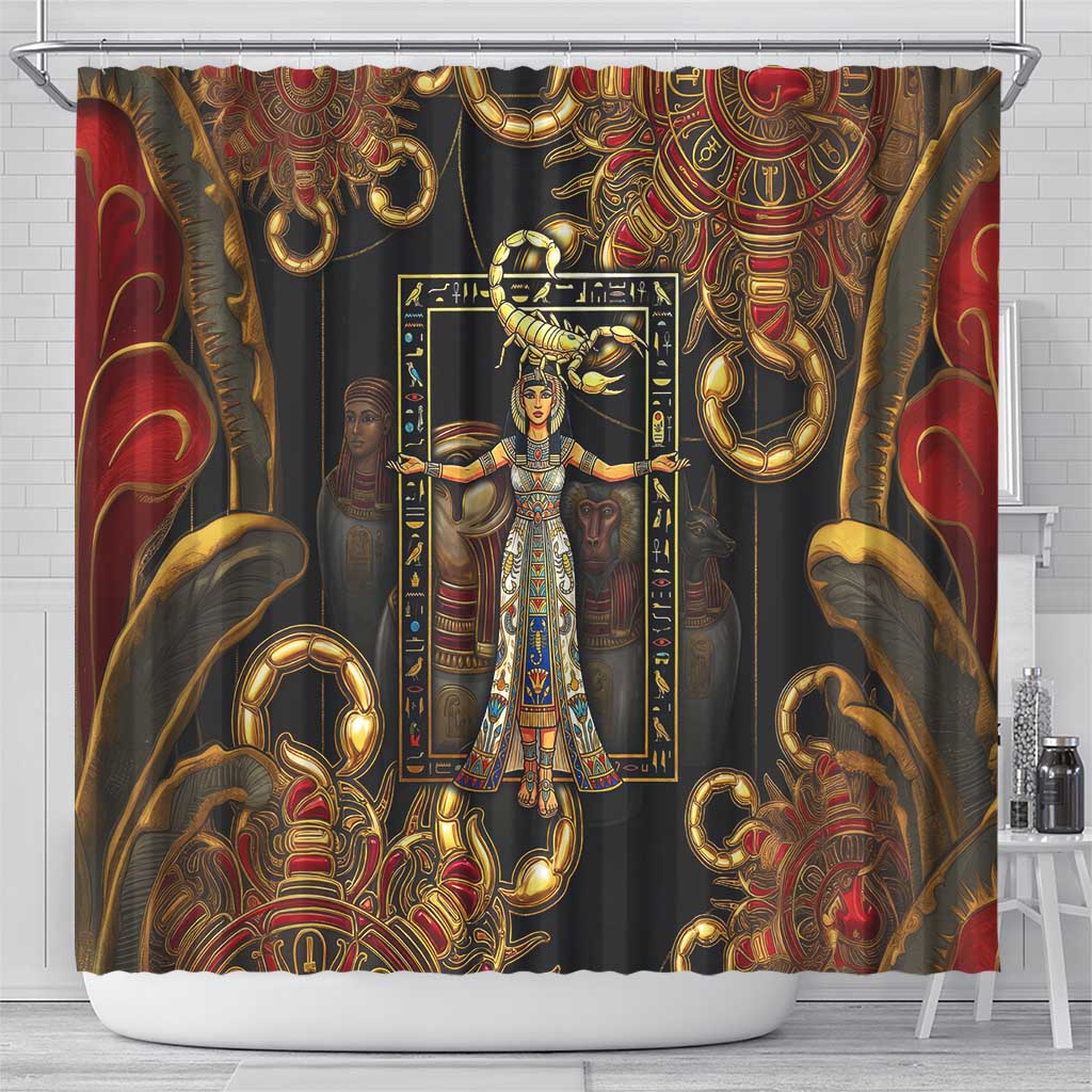 Serket Ancient Egyptian Shower Curtain with Canopic Jars and Scorpion Motif in Protection