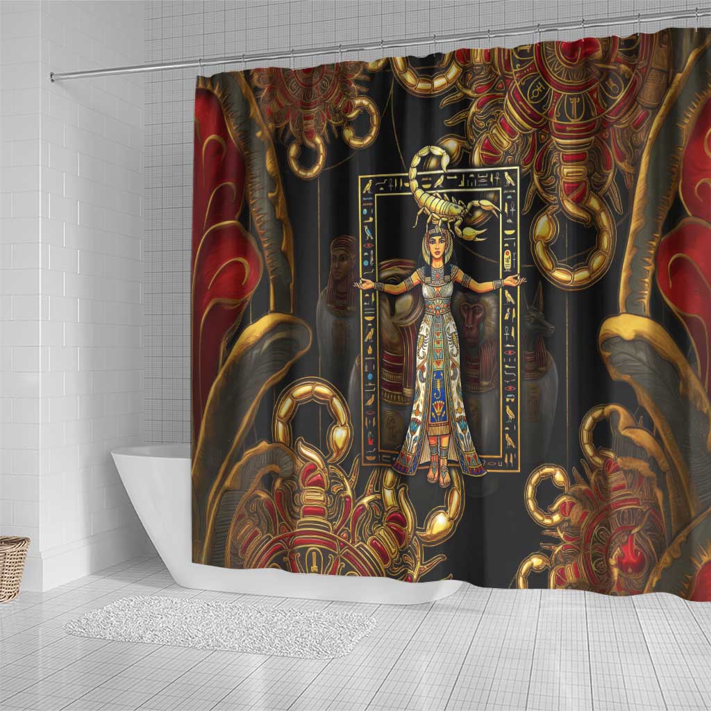 Serket Ancient Egyptian Shower Curtain with Canopic Jars and Scorpion Motif in Protection