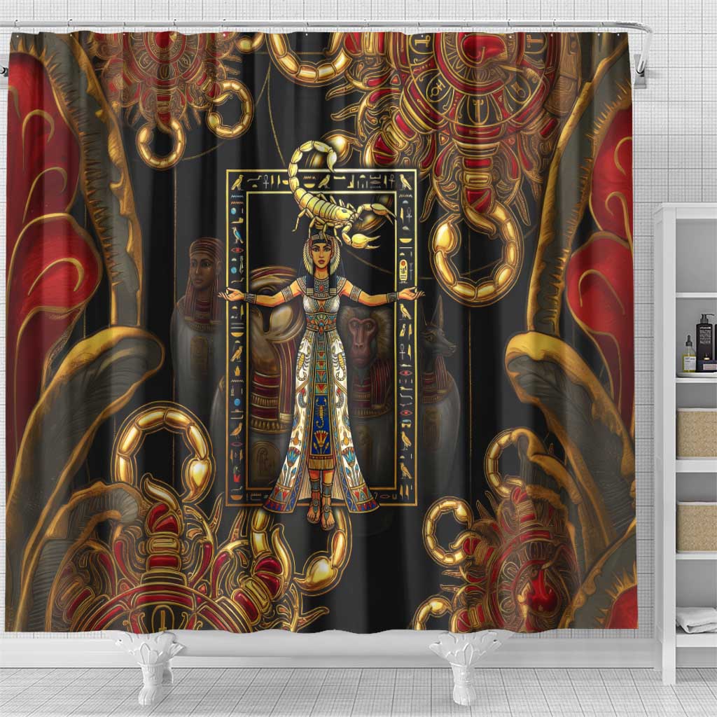 Serket Ancient Egyptian Shower Curtain with Canopic Jars and Scorpion Motif in Protection