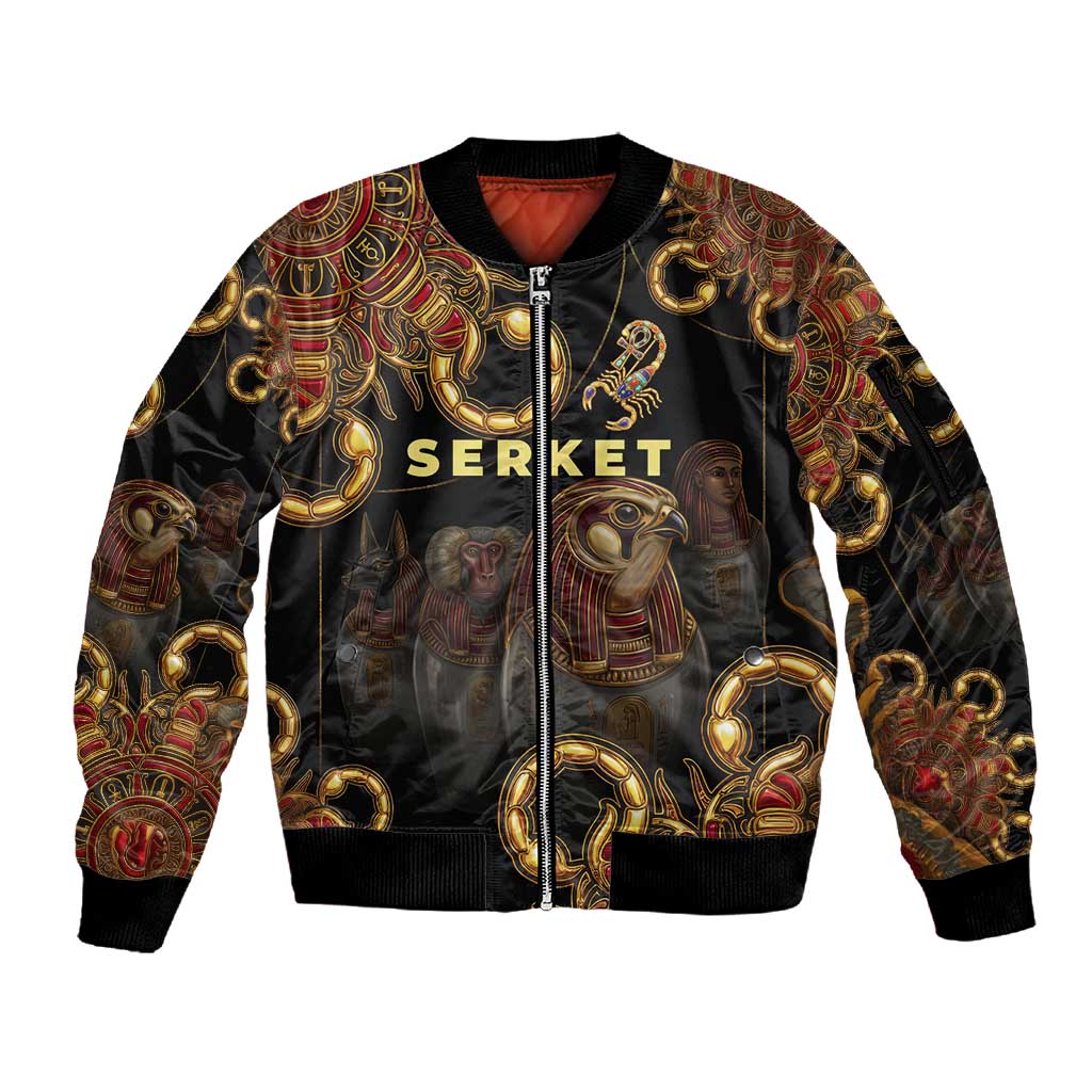 Serket Ancient Egyptian Sleeve Zip Bomber Jacket with Canopic Jars and Scorpion Motif in Protection