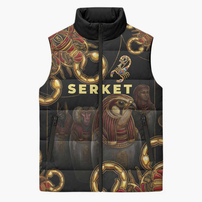 Serket Ancient Egyptian Sleeveless Puffer Jacket with Canopic Jars and Scorpion Motif in Protection