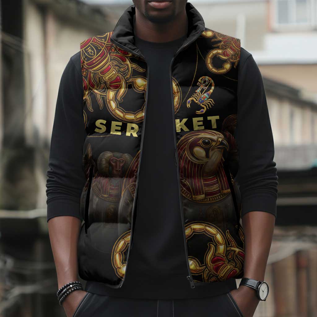 Serket Ancient Egyptian Sleeveless Puffer Jacket with Canopic Jars and Scorpion Motif in Protection