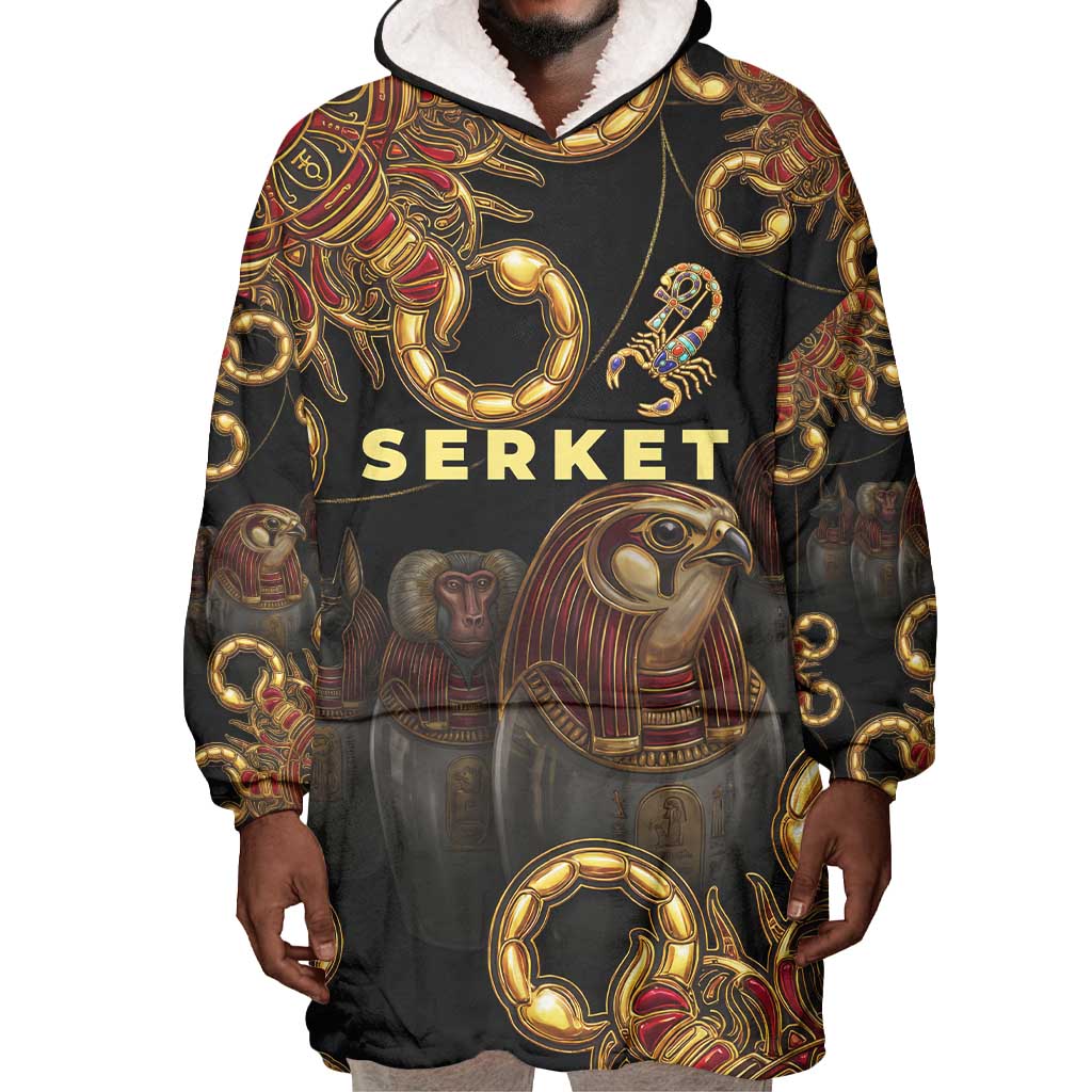 Serket Ancient Egyptian Wearable Blanket Hoodie with Canopic Jars and Scorpion Motif in Protection