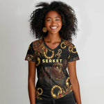 Serket Ancient Egyptian Women V-Neck T-Shirt with Canopic Jars and Scorpion Motif in Protection