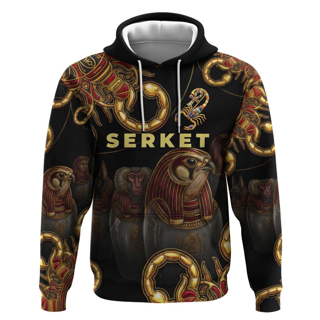 Serket Ancient Egyptian Zip Hoodie with Canopic Jars and Scorpion Motif in Protection