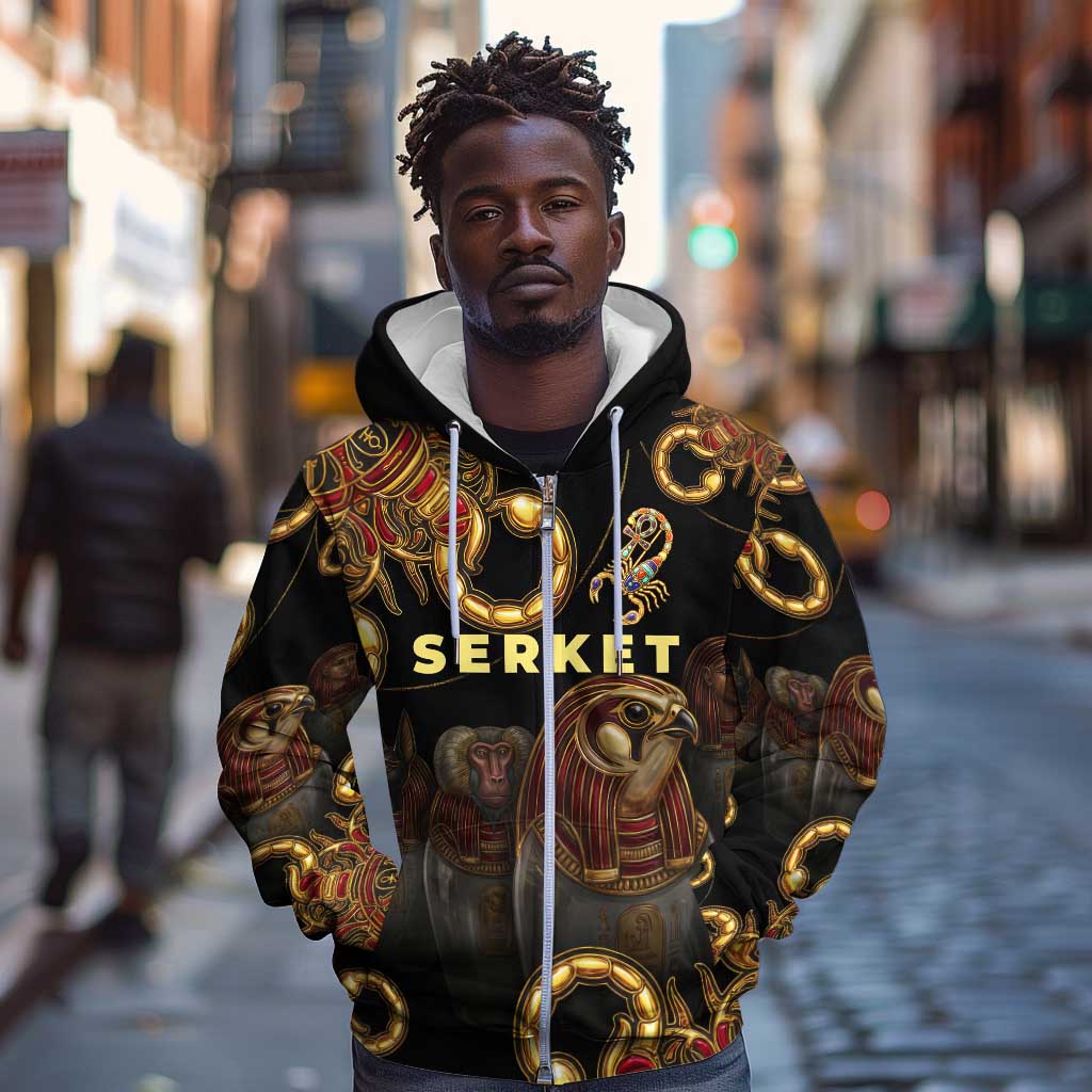 Serket Ancient Egyptian Zip Hoodie with Canopic Jars and Scorpion Motif in Protection