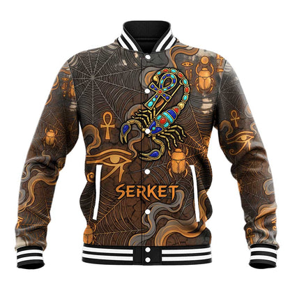 Serket Egyptian Baseball Jacket Jeweled Scorpion and Cobweb Motif in Mystical Egyptian
