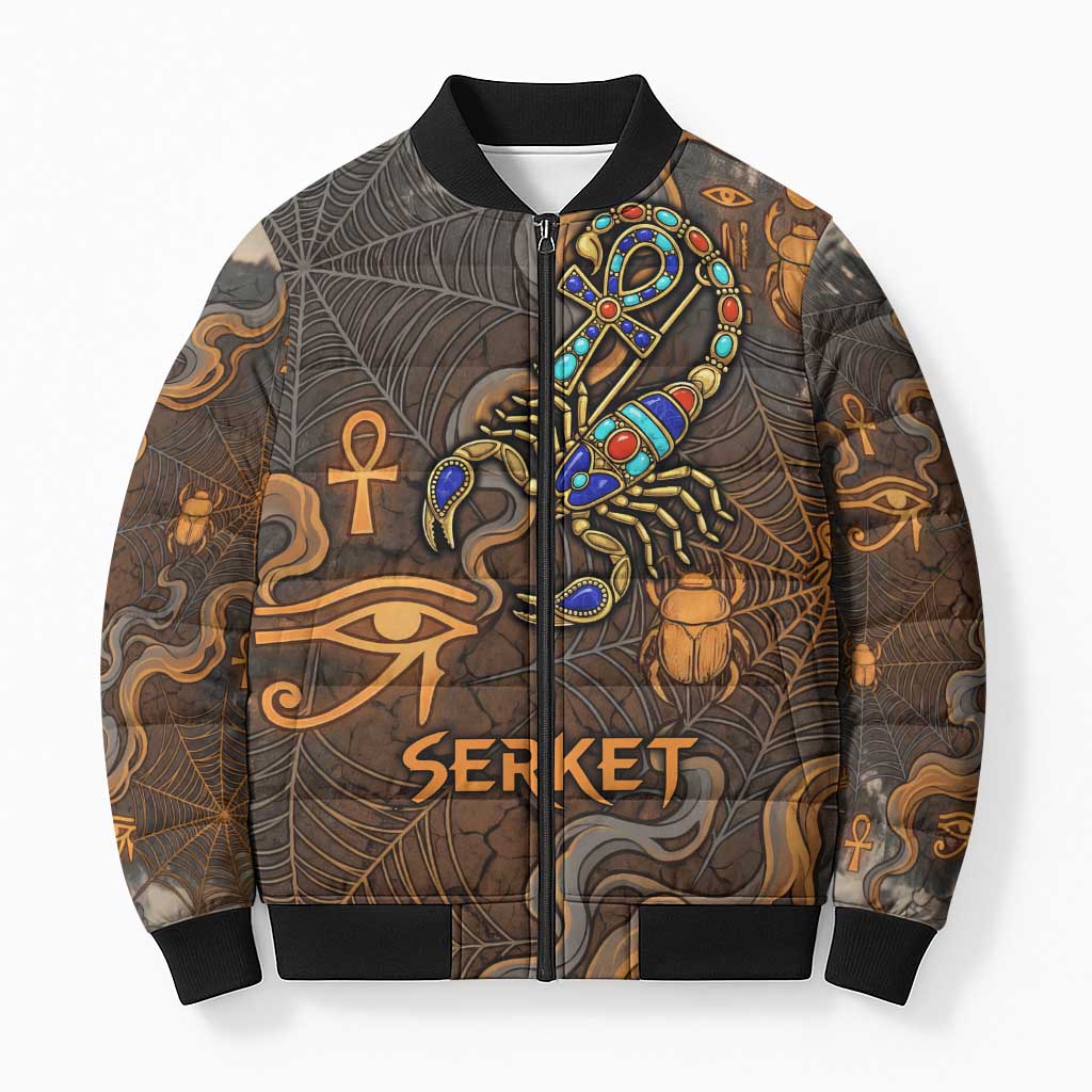 Serket Egyptian Bomber Puffer Jacket Jeweled Scorpion and Cobweb Motif in Mystical Egyptian