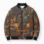 Serket Egyptian Bomber Puffer Jacket Jeweled Scorpion and Cobweb Motif in Mystical Egyptian