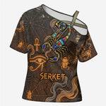 Serket Egyptian Cross Shoulder Shirt Jeweled Scorpion and Cobweb Motif in Mystical Egyptian
