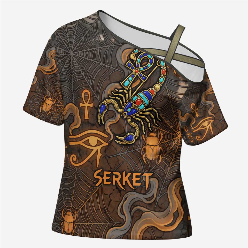 Serket Egyptian Cross Shoulder Shirt Jeweled Scorpion and Cobweb Motif in Mystical Egyptian