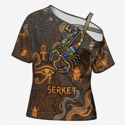 Serket Egyptian Cross Shoulder Shirt Jeweled Scorpion and Cobweb Motif in Mystical Egyptian