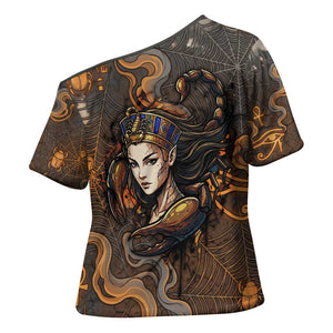 Serket Egyptian Cross Shoulder Shirt Jeweled Scorpion and Cobweb Motif in Mystical Egyptian