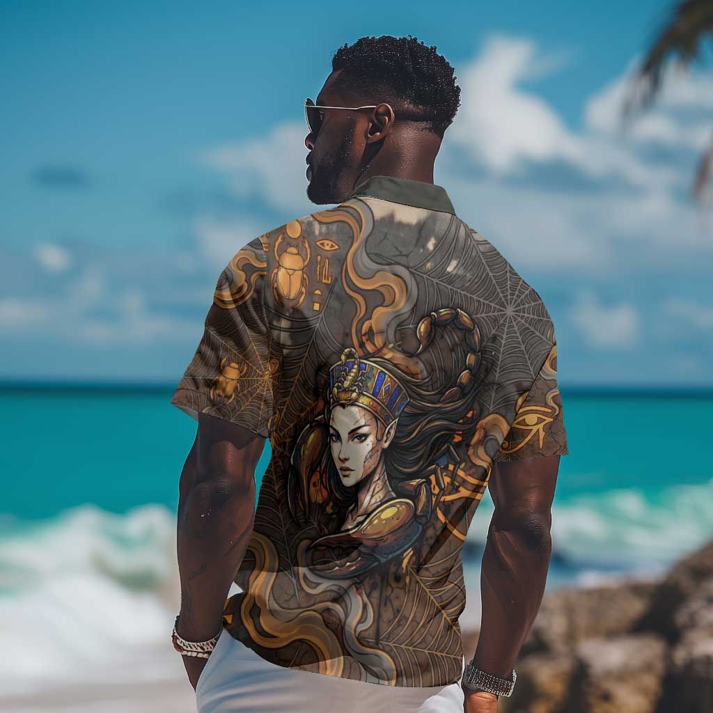 Serket Egyptian Hawaiian Shirt Jeweled Scorpion and Cobweb Motif in Mystical Egyptian