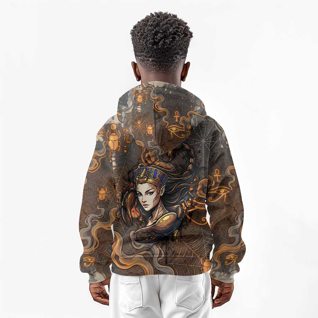 Serket Egyptian Kid Hoodie Jeweled Scorpion and Cobweb Motif in Mystical Egyptian