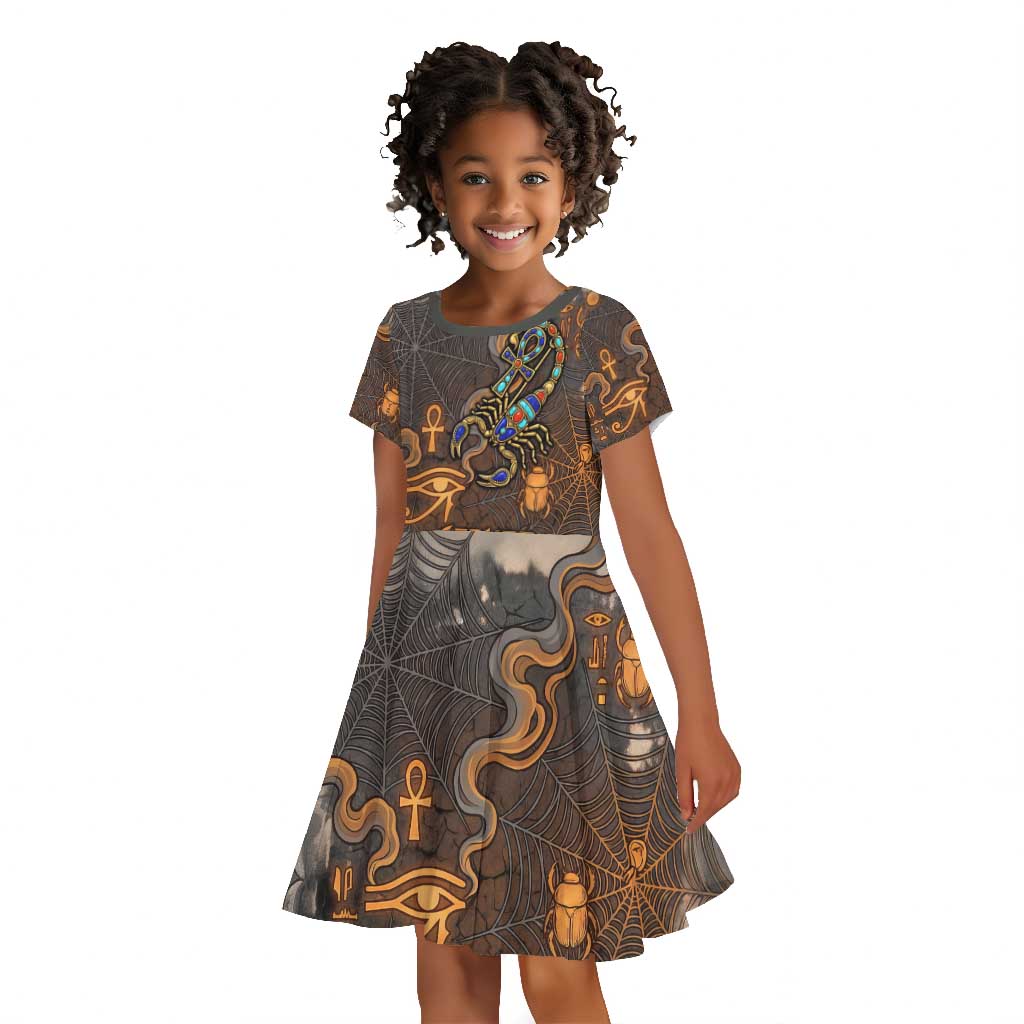 Serket Egyptian Kid Short Sleeve Dress Jeweled Scorpion and Cobweb Motif in Mystical Egyptian