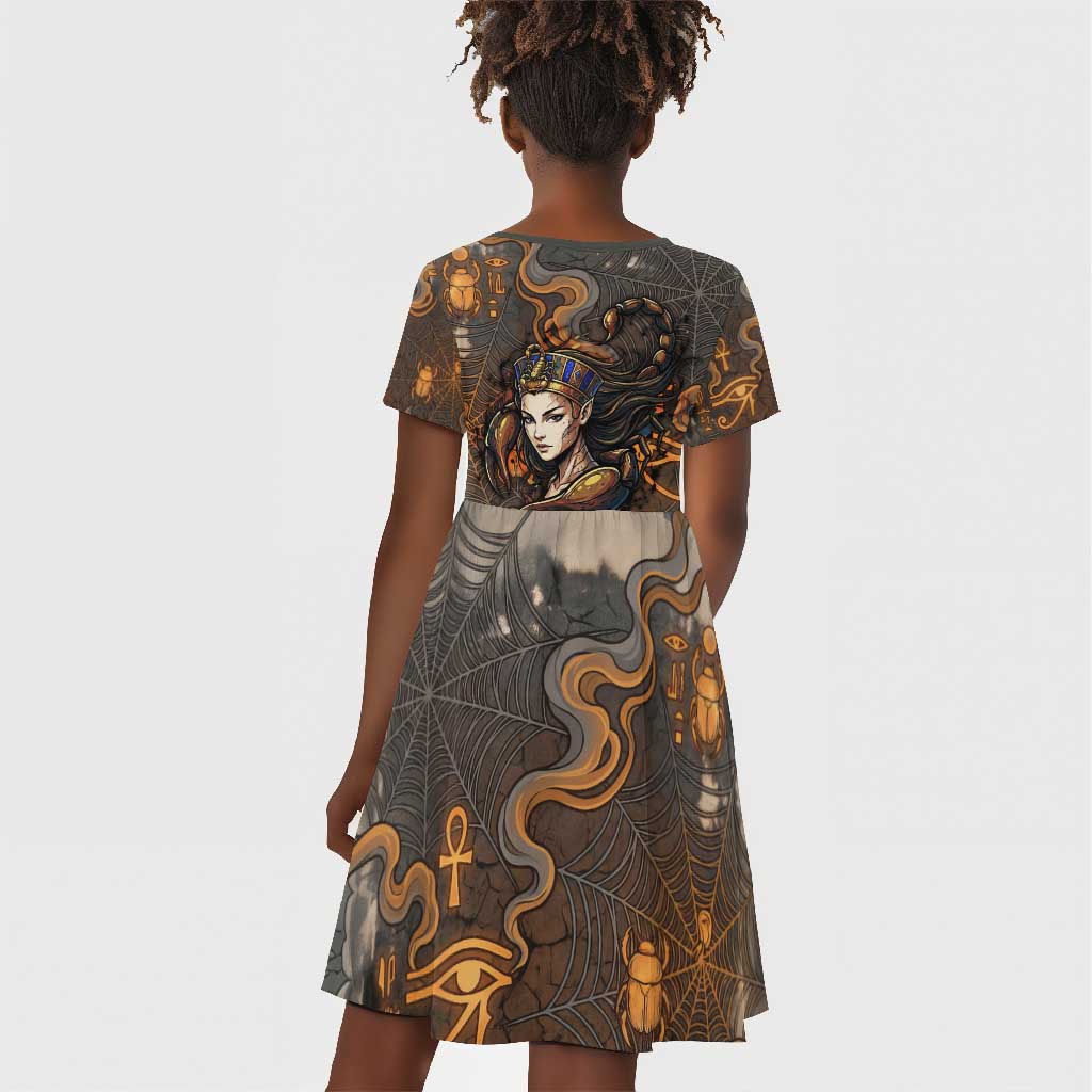 Serket Egyptian Kid Short Sleeve Dress Jeweled Scorpion and Cobweb Motif in Mystical Egyptian