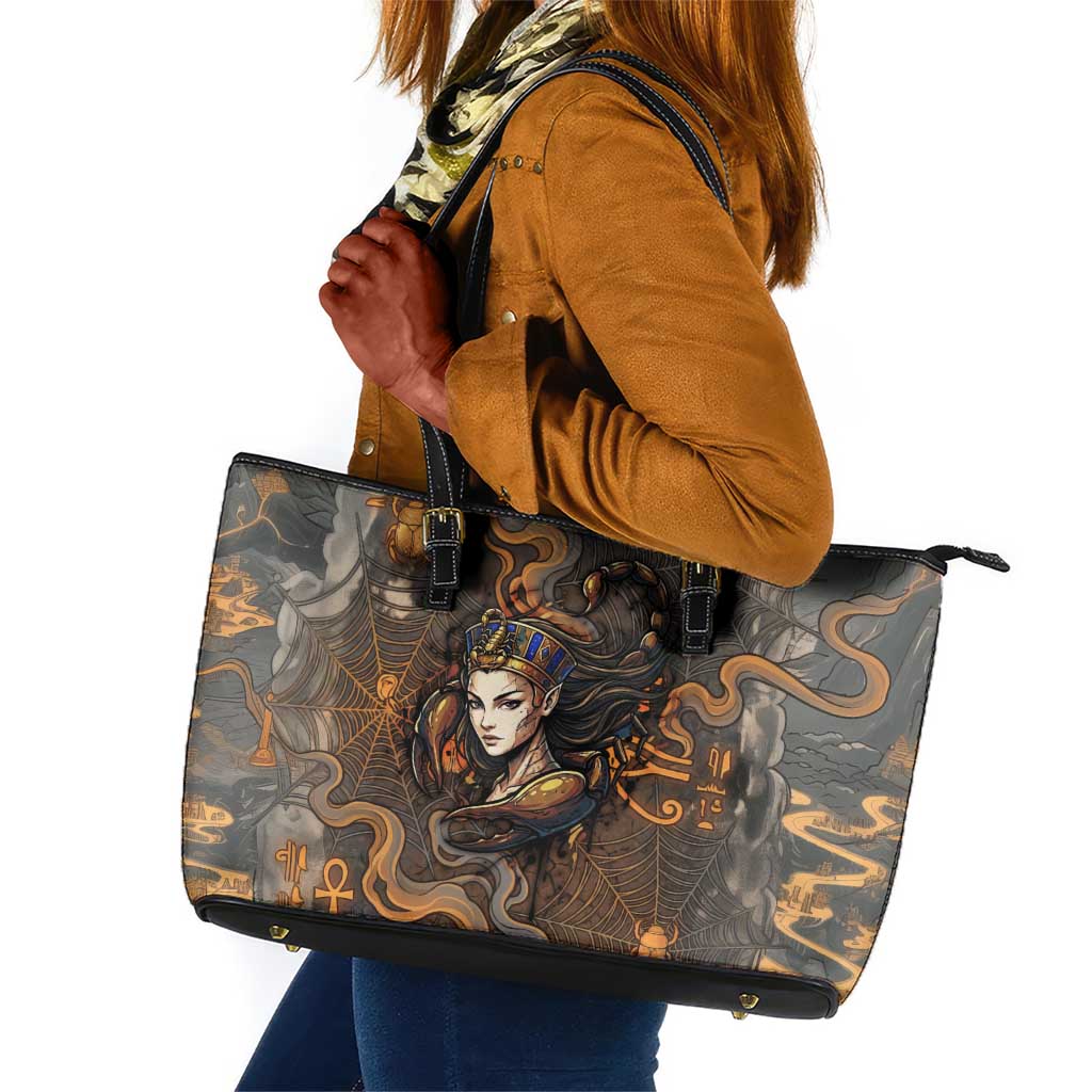 Serket Egyptian Leather Tote Bag Jeweled Scorpion and Cobweb Motif in Mystical Egyptian