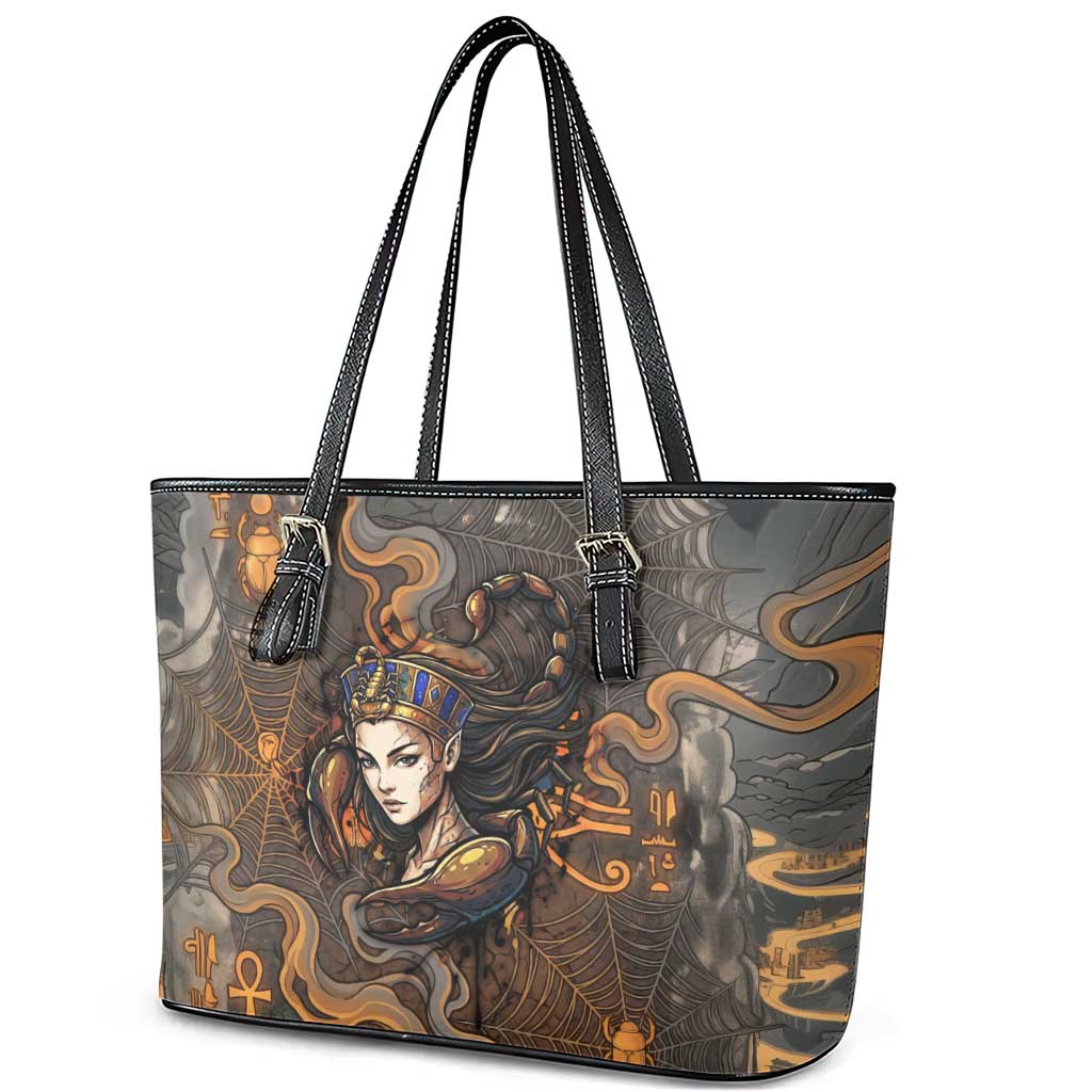 Serket Egyptian Leather Tote Bag Jeweled Scorpion and Cobweb Motif in Mystical Egyptian