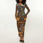 Serket Egyptian Long Sleeve Bodycon Dress Jeweled Scorpion and Cobweb Motif in Mystical Egyptian