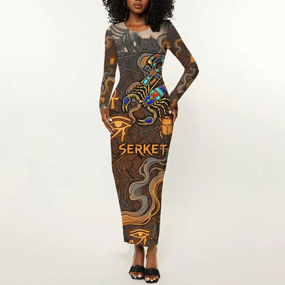Serket Egyptian Long Sleeve Bodycon Dress Jeweled Scorpion and Cobweb Motif in Mystical Egyptian