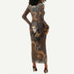 Serket Egyptian Long Sleeve Bodycon Dress Jeweled Scorpion and Cobweb Motif in Mystical Egyptian